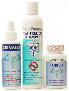 3 bottles of Crinagen, Natrecia, and Tea Tree Oil Shampoo